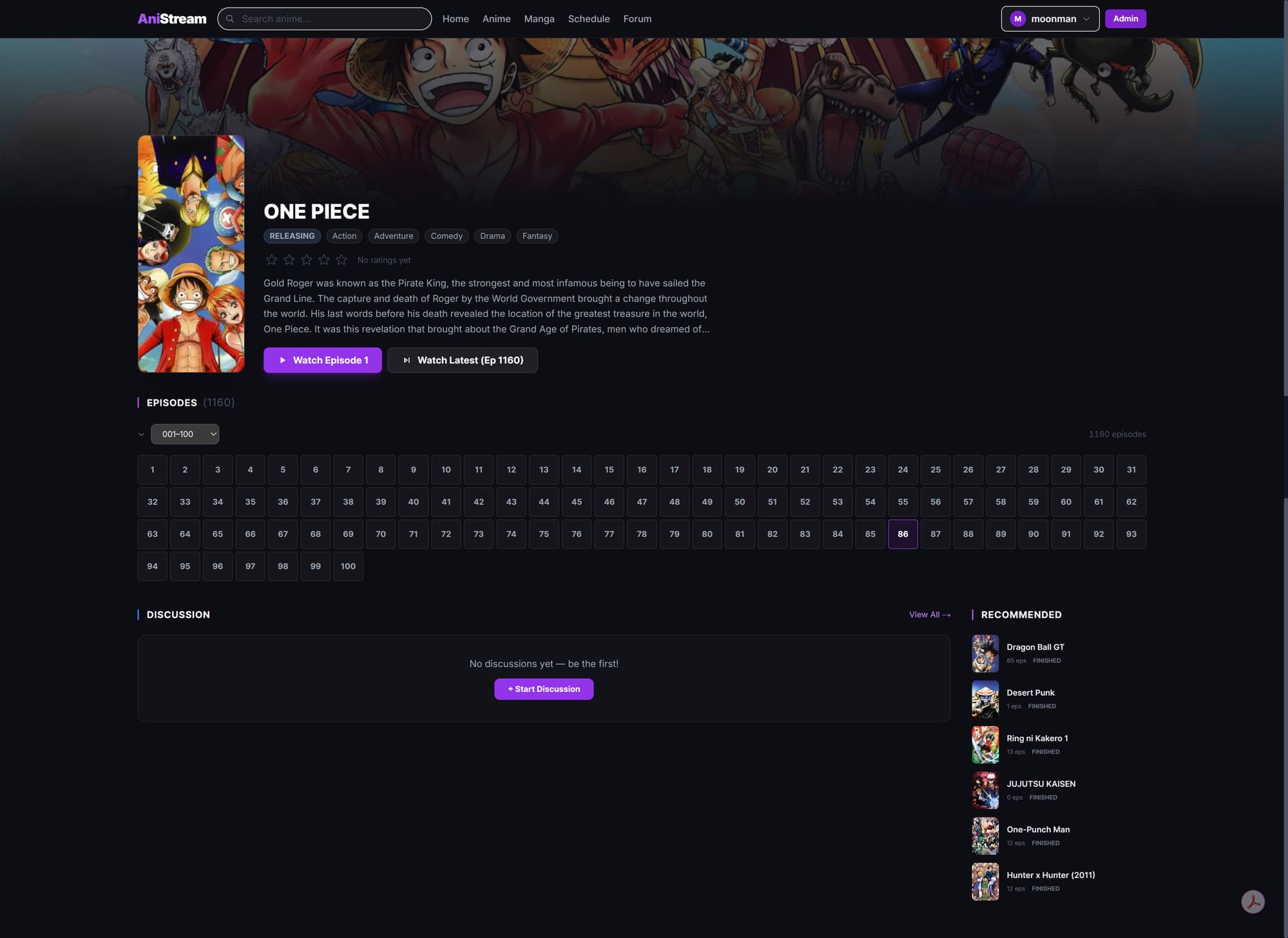 AniStream title page for One Piece showing all 1,160 episodes