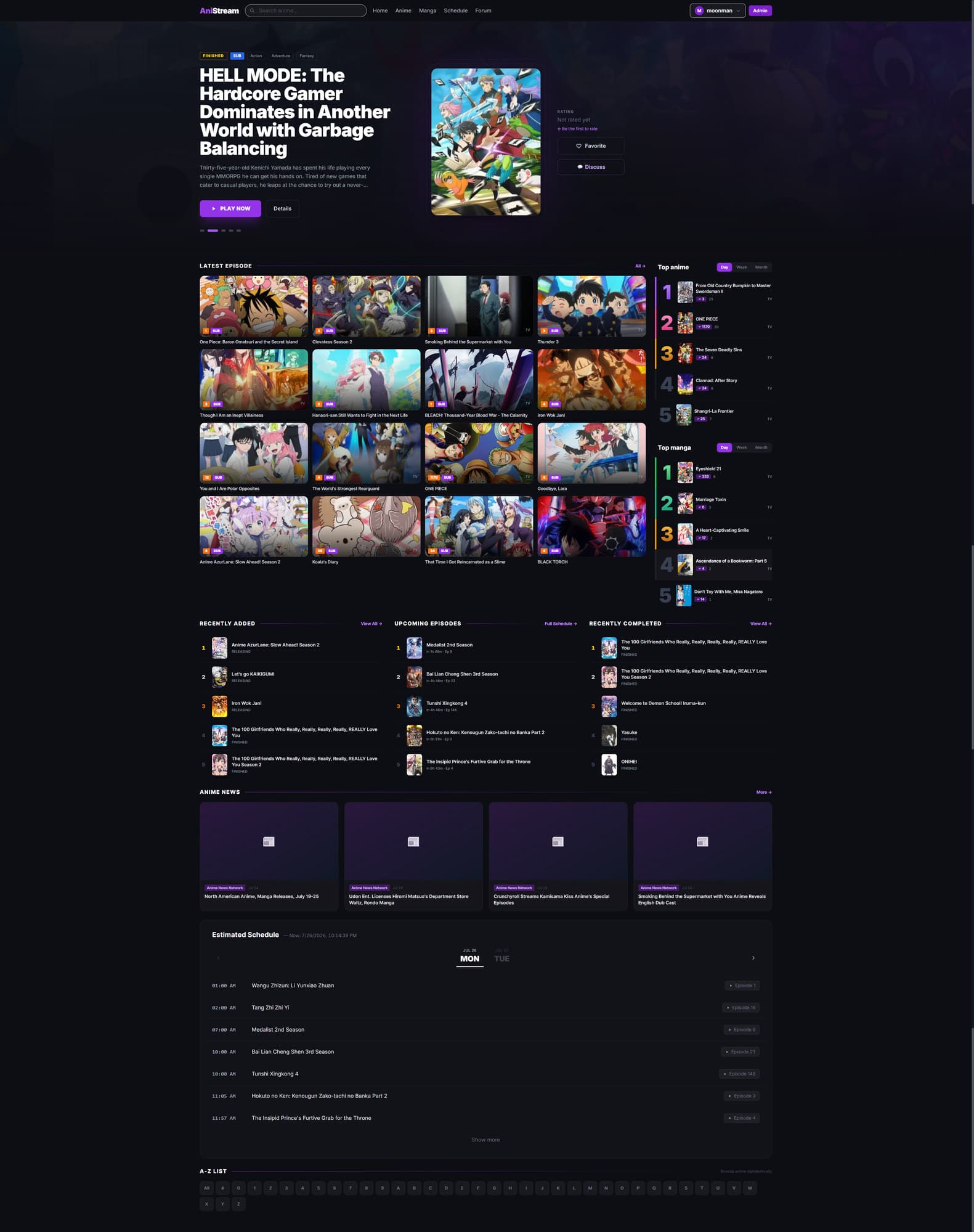 AniStream homepage with latest episodes and top rankings