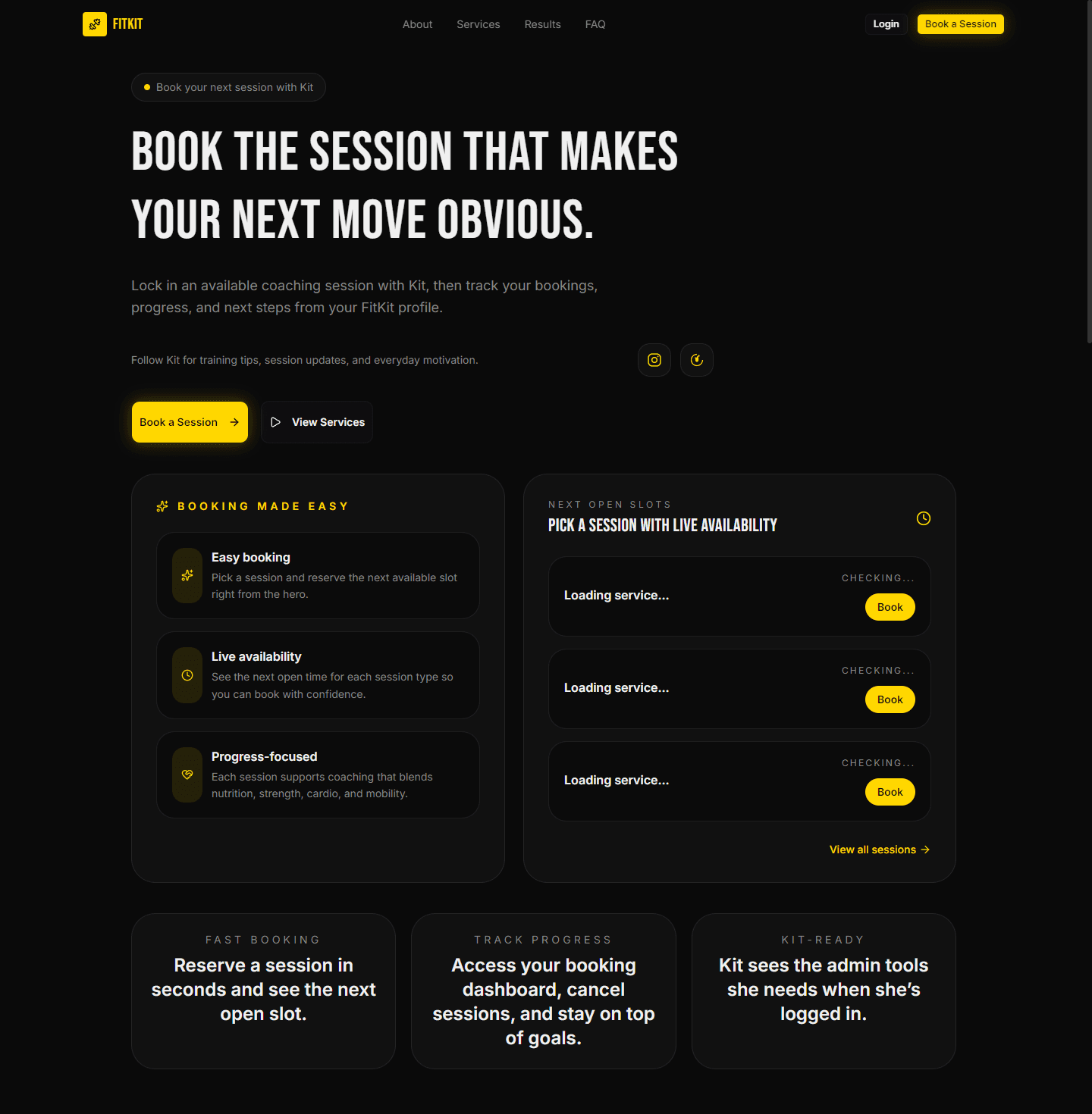 FitKit homepage hero with live booking widget